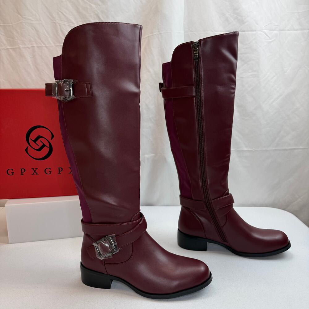 GPXGPX Women's Burgundy Knee High Boots Buckle Round Toe Low Heel Size 7 - Picture 2 of 9